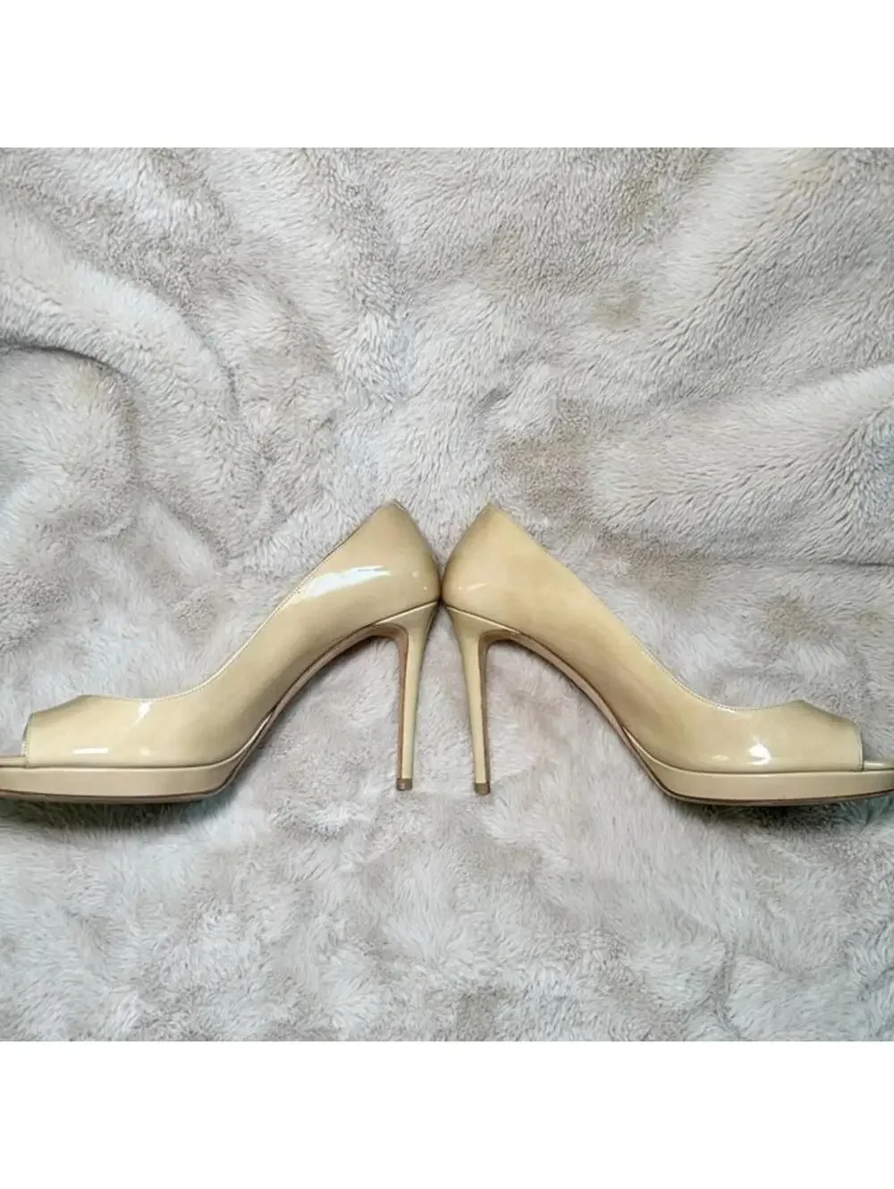 Jimmy Choo Luna 100 Peep Toe Patent Beige Pump Heel 40.5 Excellent